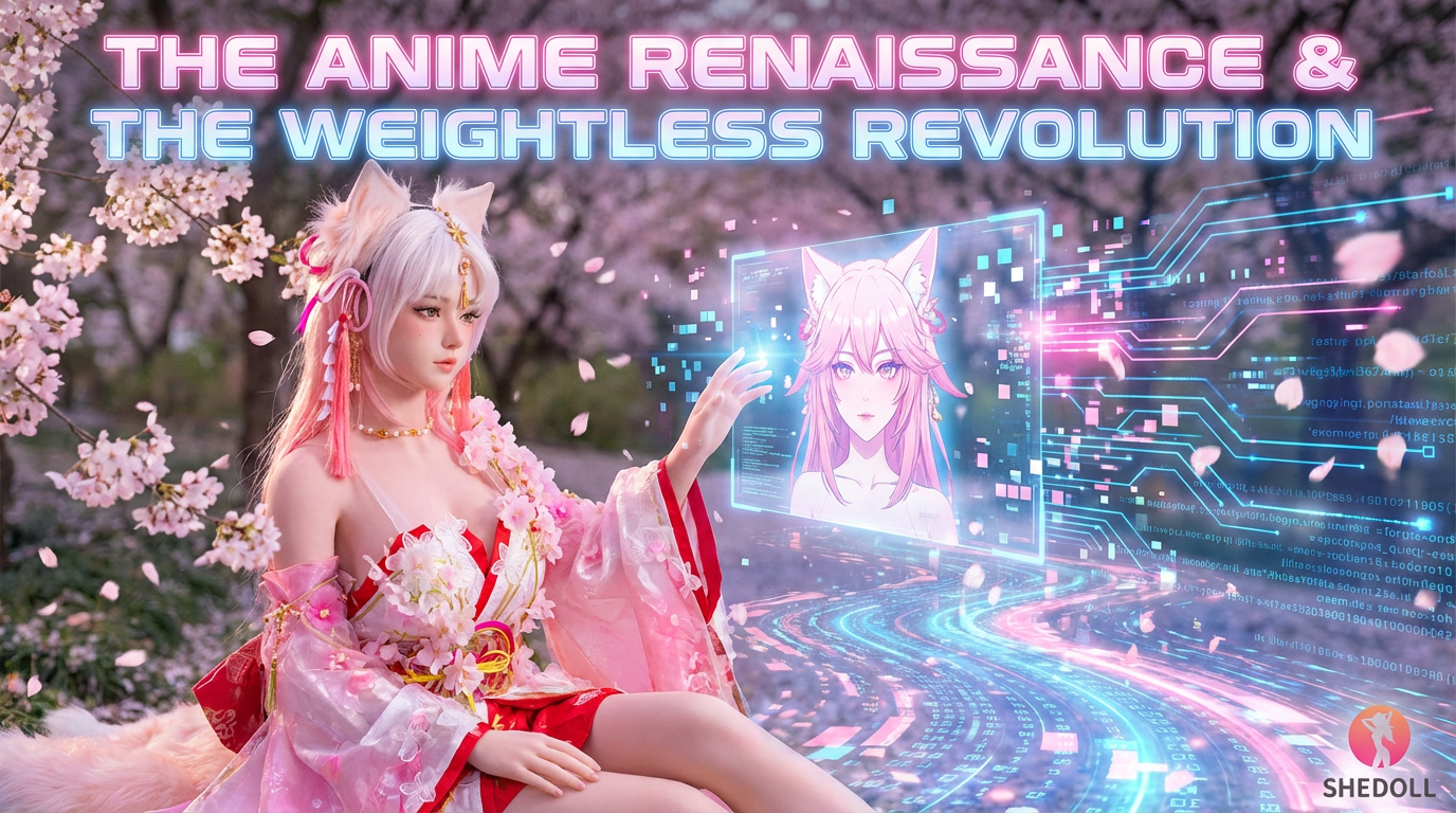 A stylized, anime-aesthetic doll with large, expressive eyes and flowing hair floats weightlessly in a futuristic environment, symbolizing the convergence of the 2D and physical worlds.